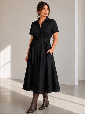 Black Linen Blend Shirt Dress Size 18 Embroidered Belted Crisp Classic